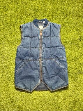 Vintage Spiegel Quilted Denim Puffer Vest Men’s Small Full Zip Pockets Blue